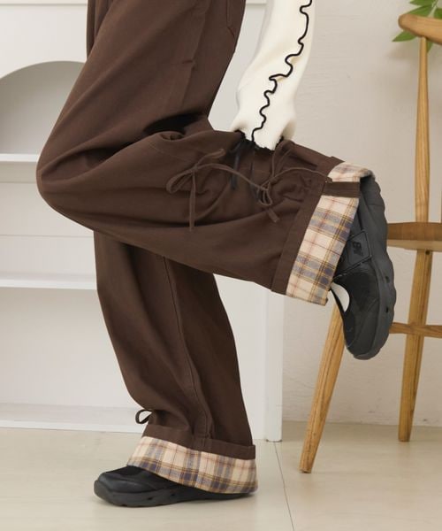 ロールアップチェックリボンワイドパンツ