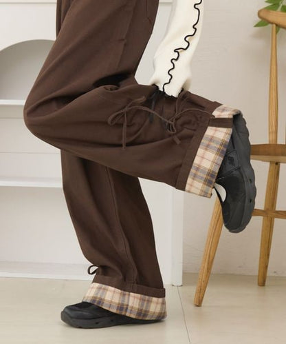 ロールアップチェックリボンワイドパンツ