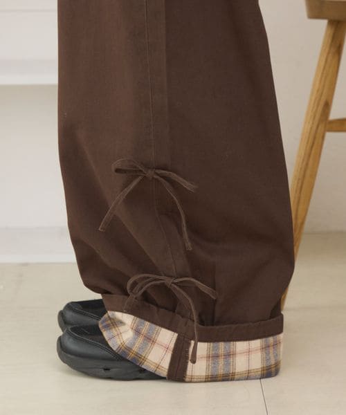 ロールアップチェックリボンワイドパンツ