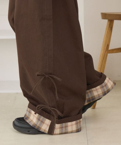 ロールアップチェックリボンワイドパンツ