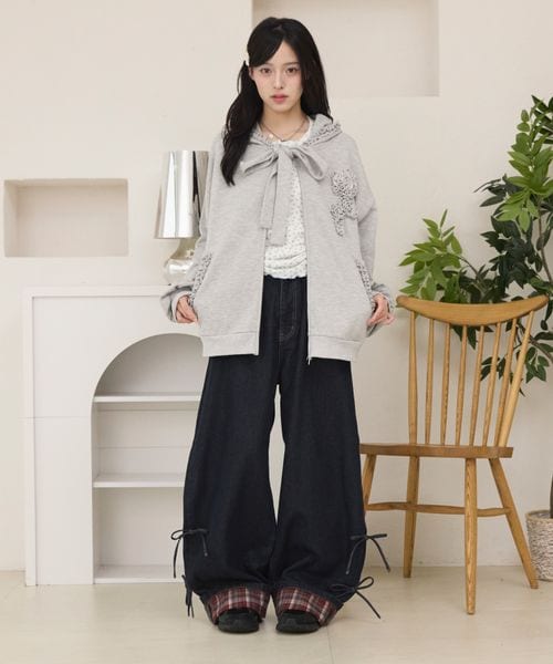 ロールアップチェックリボンワイドパンツ