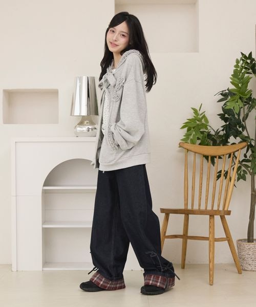 ロールアップチェックリボンワイドパンツ