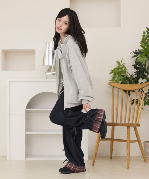 ロールアップチェックリボンワイドパンツ