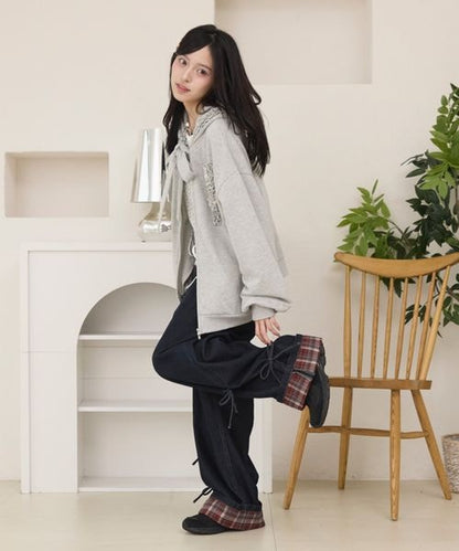 ロールアップチェックリボンワイドパンツ