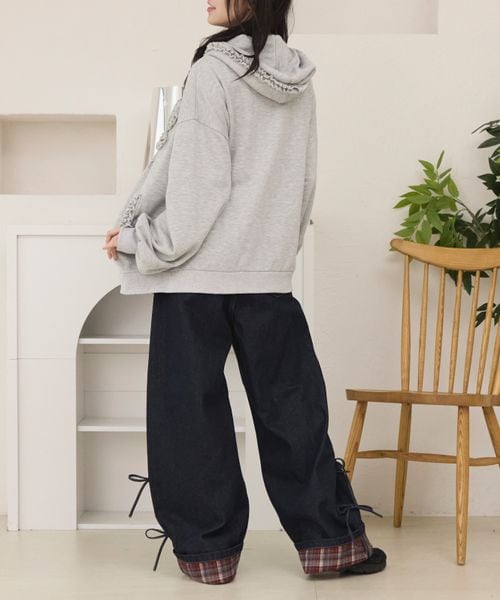 ロールアップチェックリボンワイドパンツ