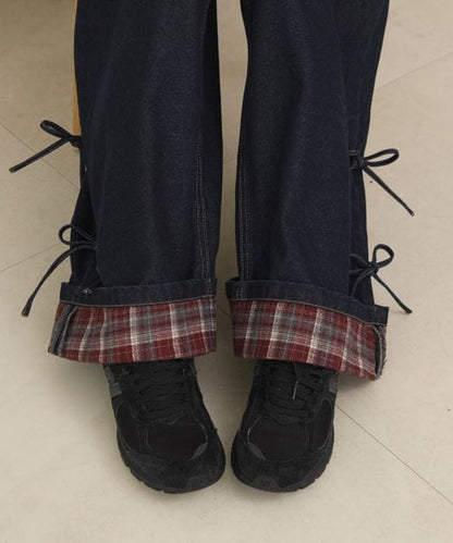 ロールアップチェックリボンワイドパンツ