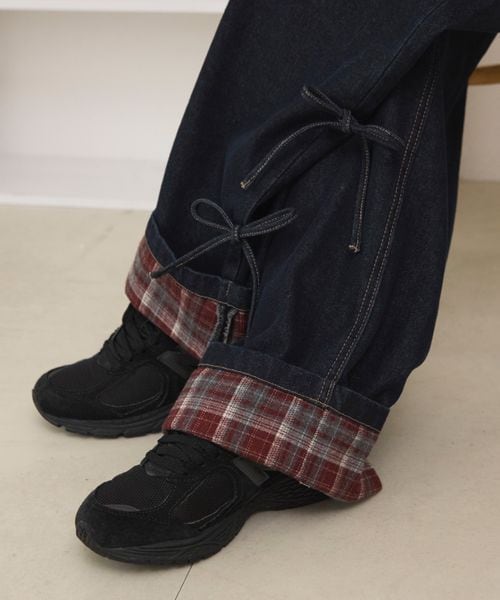 ロールアップチェックリボンワイドパンツ