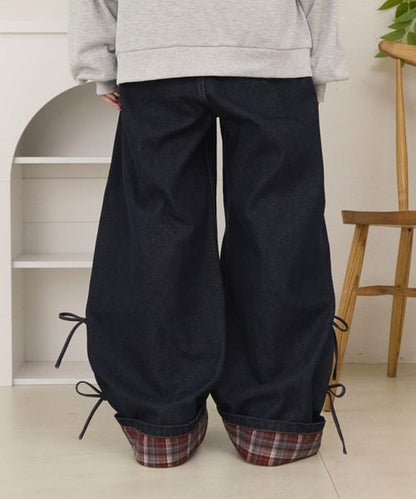 ロールアップチェックリボンワイドパンツ