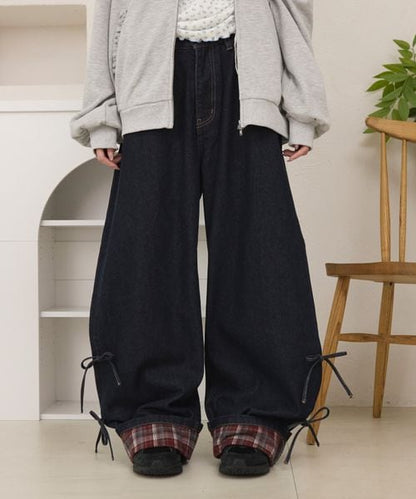 ロールアップチェックリボンワイドパンツ