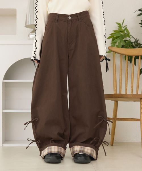 ロールアップチェックリボンワイドパンツ