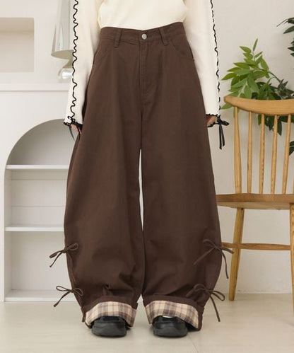 ロールアップチェックリボンワイドパンツ