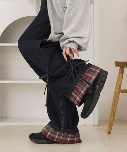 ロールアップチェックリボンワイドパンツ