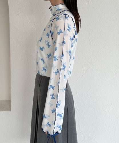 【12色展開】アソート袖リボンシアーメロートップス