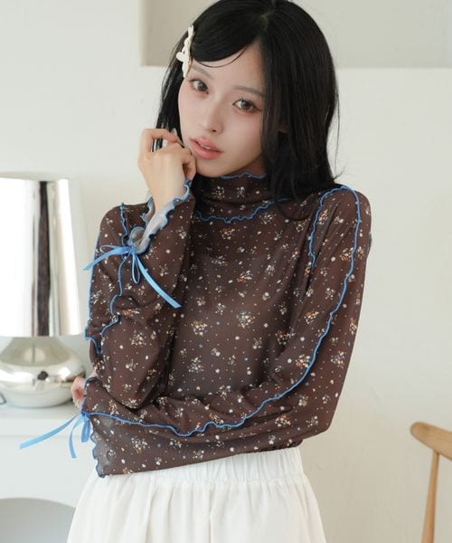 【12色展開】アソート袖リボンシアーメロートップス