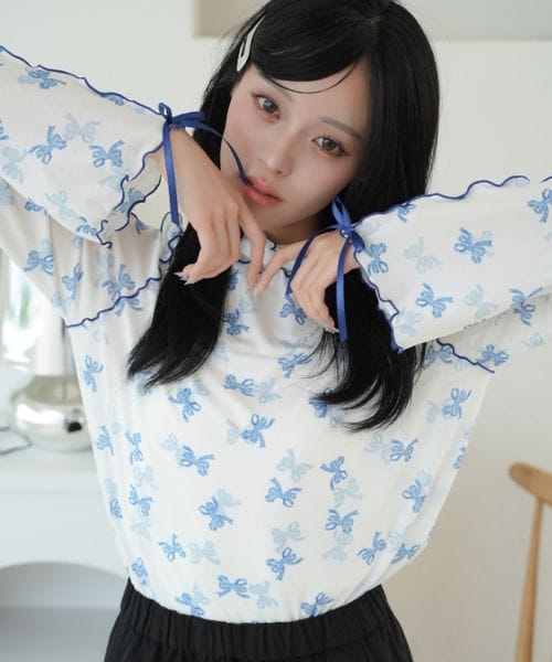 【12色展開】アソート袖リボンシアーメロートップス