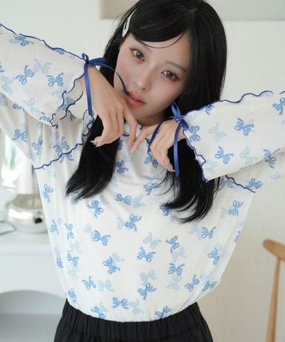 【12色展開】アソート袖リボンシアーメロートップス