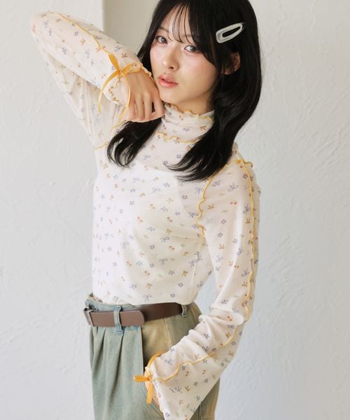 【12色展開】アソート袖リボンシアーメロートップス
