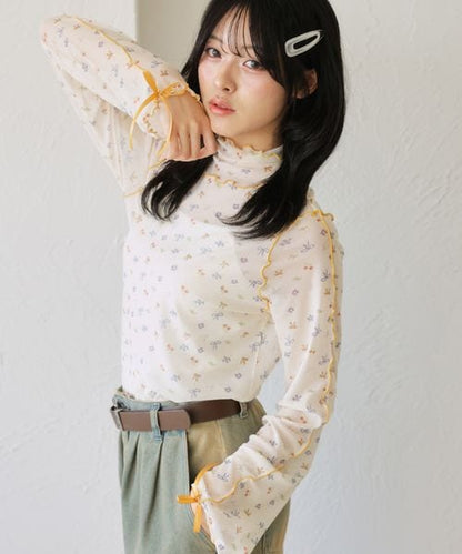 【12色展開】アソート袖リボンシアーメロートップス