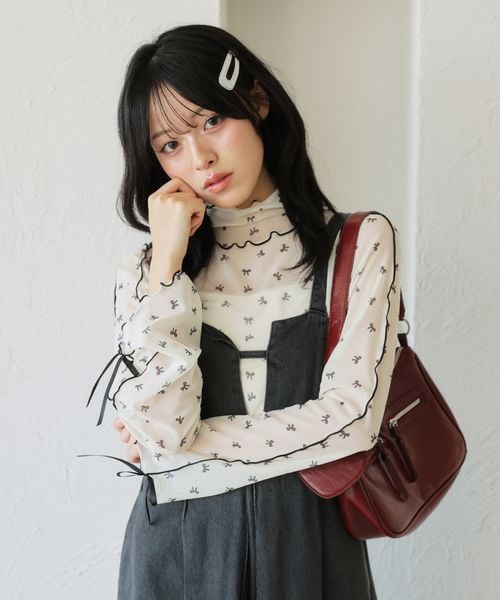 【12色展開】アソート袖リボンシアーメロートップス