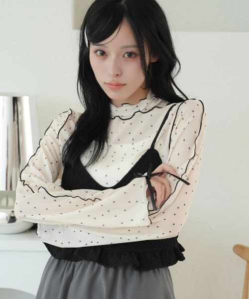 【12色展開】アソート袖リボンシアーメロートップス