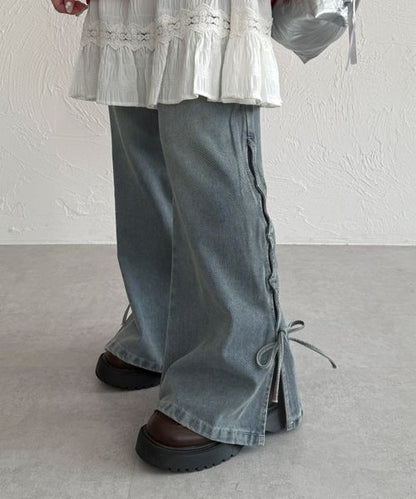 【3サイズ展開】オーバーダイリボンフレアデニムパンツ