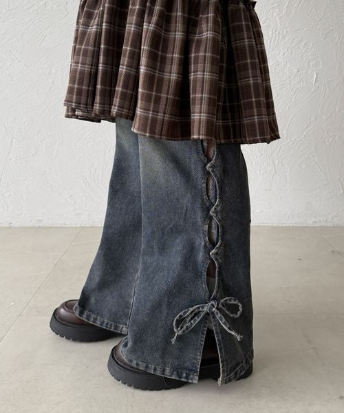 【3サイズ展開】オーバーダイリボンフレアデニムパンツ