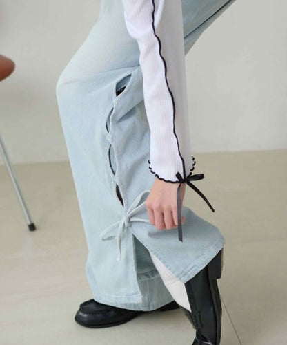 【3サイズ展開】オーバーダイリボンフレアデニムパンツ