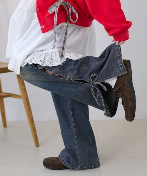 【3サイズ展開】オーバーダイリボンフレアデニムパンツ