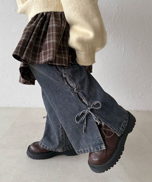 【3サイズ展開】オーバーダイリボンフレアデニムパンツ