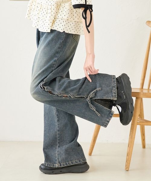 【3サイズ展開】オーバーダイリボンフレアデニムパンツ