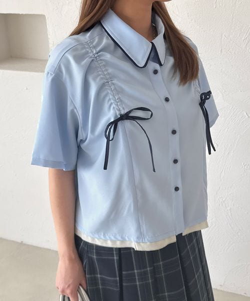 レイヤード風アソートドロストリボンシャツ