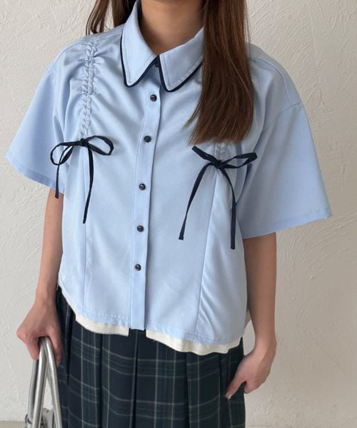 レイヤード風アソートドロストリボンシャツ