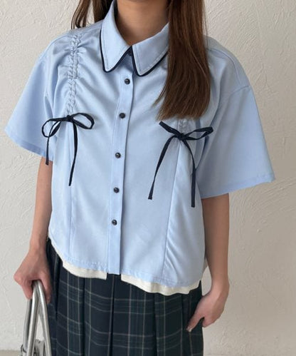 レイヤード風アソートドロストリボンシャツ