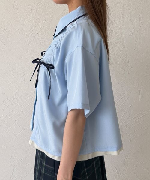 レイヤード風アソートドロストリボンシャツ