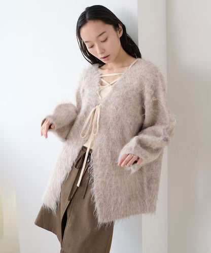 apres jour clair Shaggy lace-up knit cardigan
