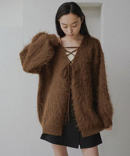 apres jour clair Shaggy lace-up knit cardigan