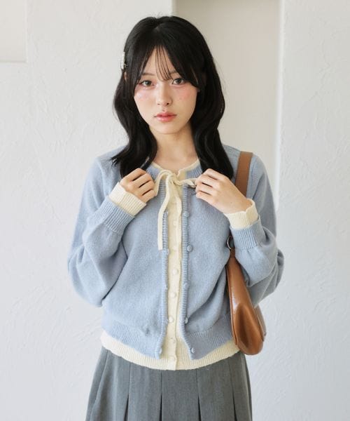 【and ST 限定カラーあり】レイヤード風 配色リボンカーディガン