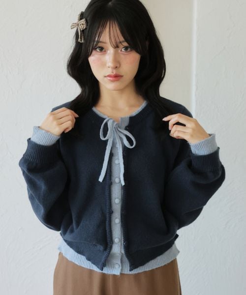 【and ST 限定カラーあり】レイヤード風 配色リボンカーディガン