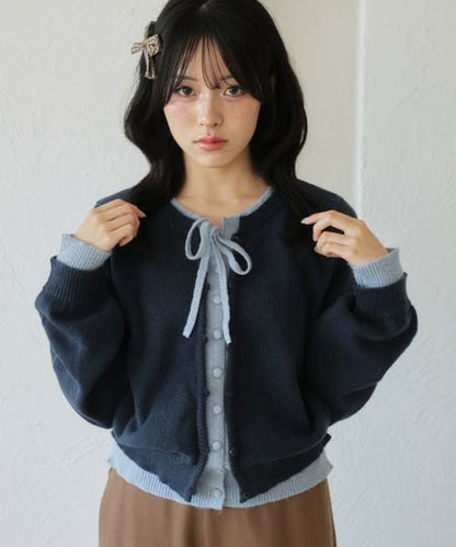 【and ST 限定カラーあり】レイヤード風 配色リボンカーディガン