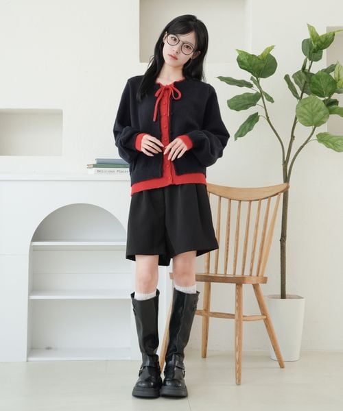 【and ST 限定カラーあり】レイヤード風 配色リボンカーディガン