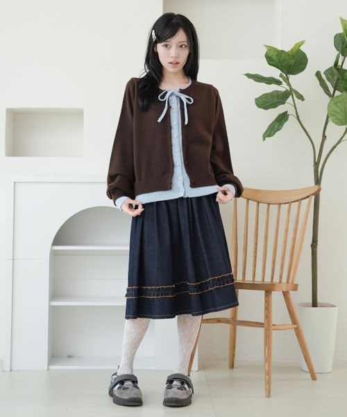 【and ST 限定カラーあり】レイヤード風 配色リボンカーディガン
