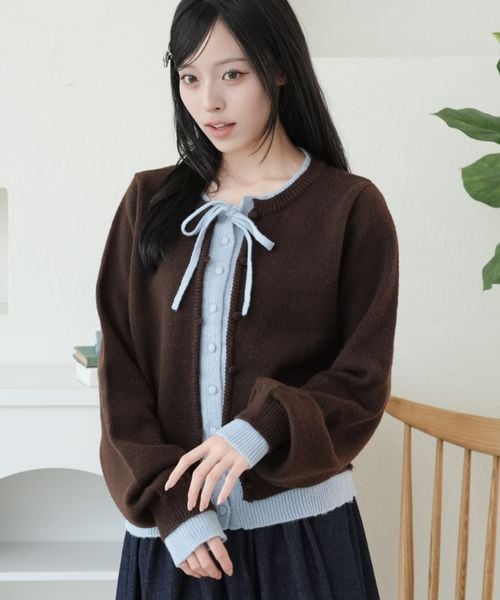 【and ST 限定カラーあり】レイヤード風 配色リボンカーディガン