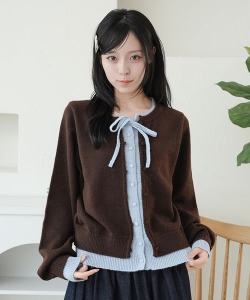【and ST 限定カラーあり】レイヤード風 配色リボンカーディガン