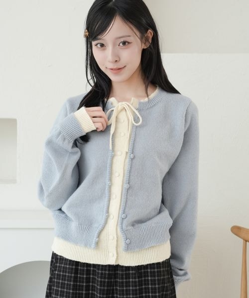 【and ST 限定カラーあり】レイヤード風 配色リボンカーディガン