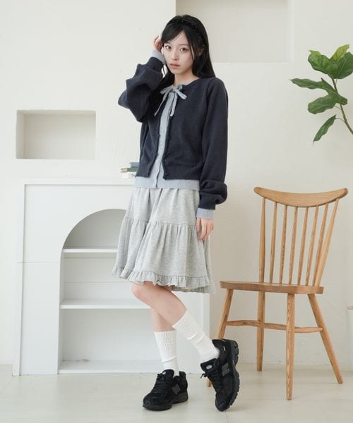 【and ST 限定カラーあり】レイヤード風 配色リボンカーディガン