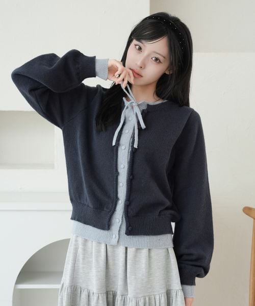 【and ST 限定カラーあり】レイヤード風 配色リボンカーディガン