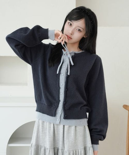 【and ST 限定カラーあり】レイヤード風 配色リボンカーディガン