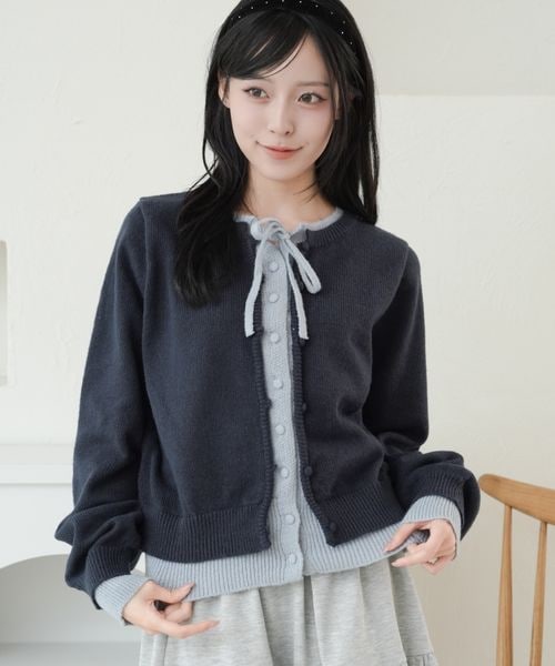 【and ST 限定カラーあり】レイヤード風 配色リボンカーディガン