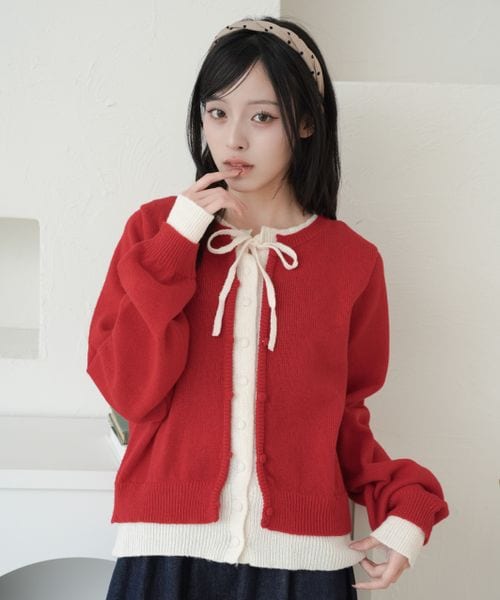 【and ST 限定カラーあり】レイヤード風 配色リボンカーディガン