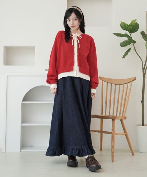 【and ST 限定カラーあり】レイヤード風 配色リボンカーディガン